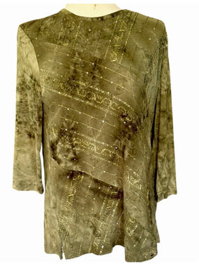 BonWorth Women Medium Olive Green Gold Sequin Embroidered Top 3/4 Sleeve Stretch